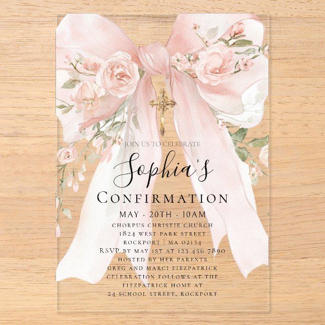 Invitations En Acrylique Rose Fleur de Fille de Confirmation au Ruban Rose (Recto)