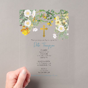 Invitations En Acrylique Rose Fleur de Jardin aquarelle jaune Garçon Baptêm