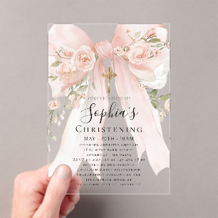 Invitations En Acrylique Rose Fleur Fille Baptême Ruban Rose