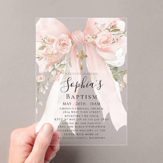 Invitations En Acrylique Rose Fleur Fille Baptême Ruban Rose (In situ (ordinateur de poche))