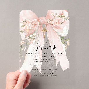 Invitations En Acrylique Rose Fleur Fille de la Première Communion au Ruban