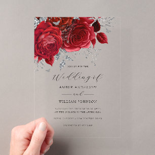 Invitations En Acrylique Rose Fleurie Argent Rouge Mariage