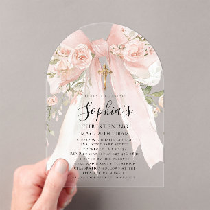 Invitations En Acrylique Rose Fleurie en Arc de Baptême pour Fille avec un