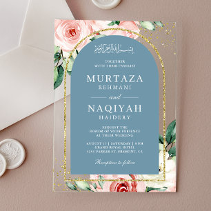 Invitations En Acrylique Rose Floral Dusty Blue Arch Mariage musulman