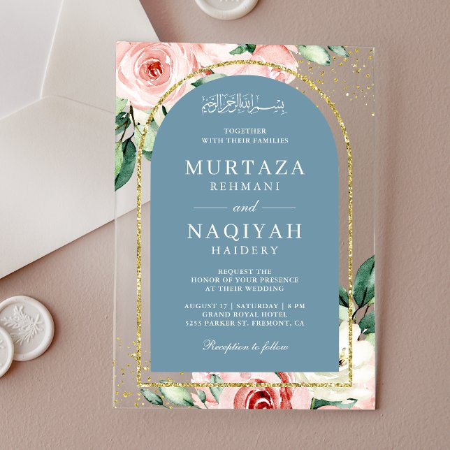 Invitations En Acrylique Rose Floral Dusty Blue Arch Mariage musulman (Créateur téléchargé)