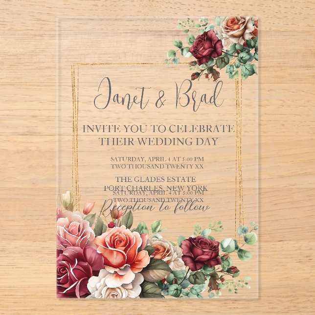 Invitations En Acrylique Rose Floral Eucalyptus Mariage (Recto)