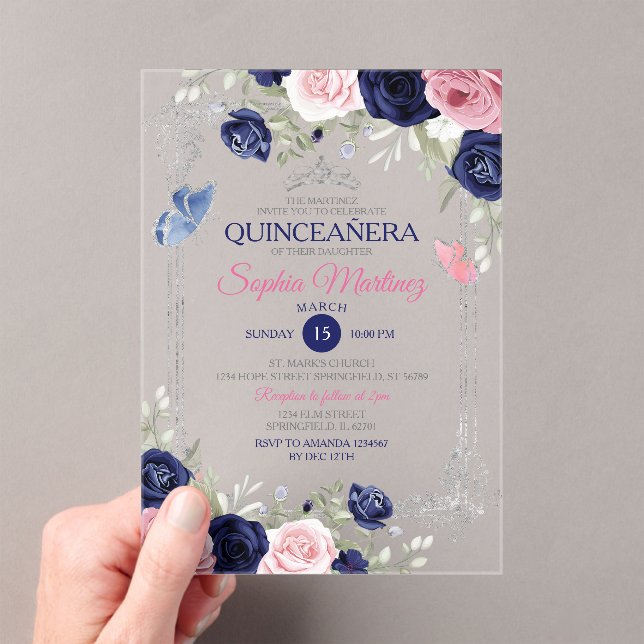 Invitations En Acrylique Rose Floral Marine Bleu Papillon Argent Quinceañer (In situ (ordinateur de poche))