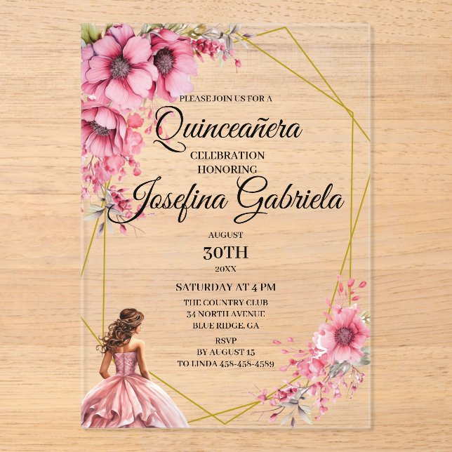 Invitations En Acrylique rose florale de Quinceanera (Recto)