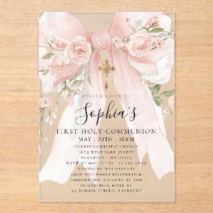 Invitations En Acrylique Rose Florale Fille de Communion Solennelle Ruban R