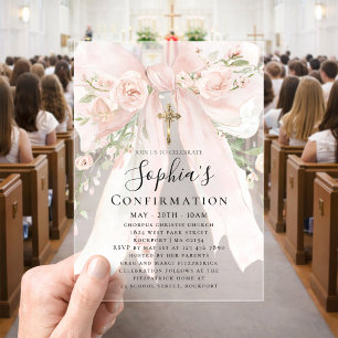 Invitations En Acrylique Rose Florale Fille de Confirmation au Ruban Rose