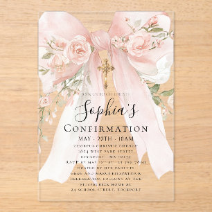 Invitations En Acrylique Rose Florale Fille de Confirmation au Ruban Rose