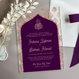 Invitations En Acrylique Rose foncé violet or Damask Arch Mariage musulman