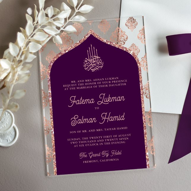 Invitations En Acrylique Rose foncé violet or Damask Arch Mariage musulman (Créateur téléchargé)