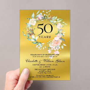 Invitations En Acrylique Rose Garland Gold Foil 50e anniversaire Mariage