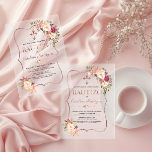 Invitations En Acrylique Rose Gold Bautizo Fleurs Rose Tendre Espagnol