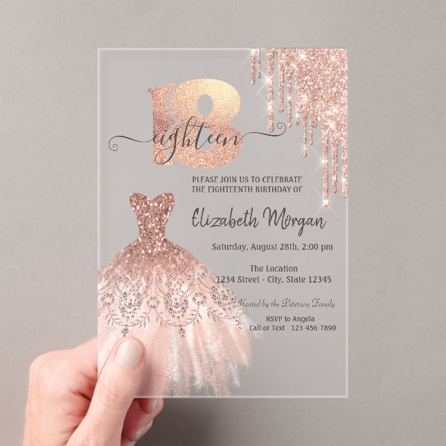Invitations En Acrylique Rose Gold Drips Robe Argent 18e anniversaire (In situ (ordinateur de poche))