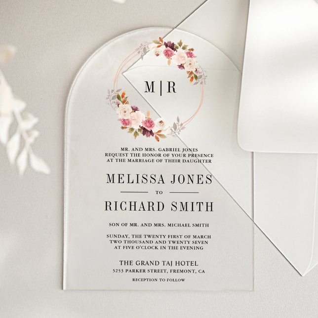 Invitations En Acrylique Rose Gold Dusty Pink Floral Wedding (Créateur téléchargé)