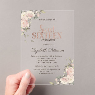 Invitations En Acrylique Rose Gold Élégant Fleurs Douces 16e Anniversaire