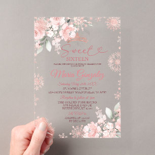 Invitations En Acrylique Rose Gold Floral Douce 16 Anniversaire Rose Hiver