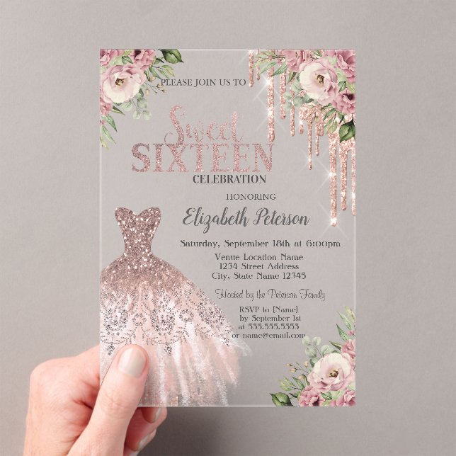 Invitations En Acrylique Rose Gold Glitter Drips,Dress Floral Sweet 16 (In situ (ordinateur de poche))