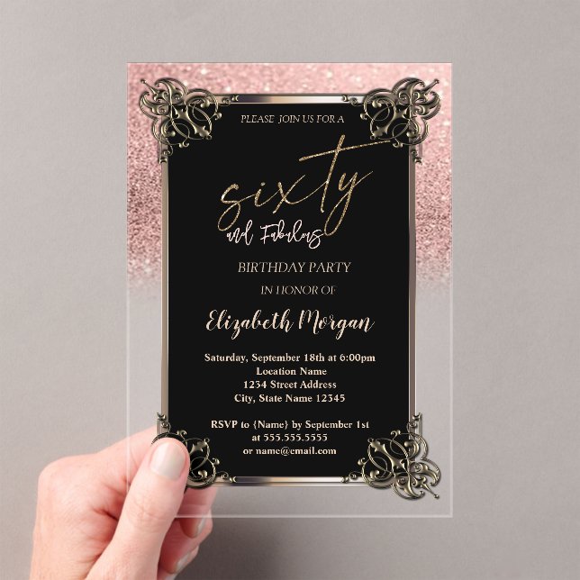 Invitations En Acrylique Rose Gold Glitter Ombre Border 60th Birthday Party (In situ (ordinateur de poche))