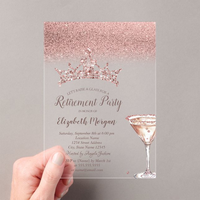 Invitations En Acrylique Rose Gold Glitter Tiara Martini Glass Retirement  (In situ (ordinateur de poche))