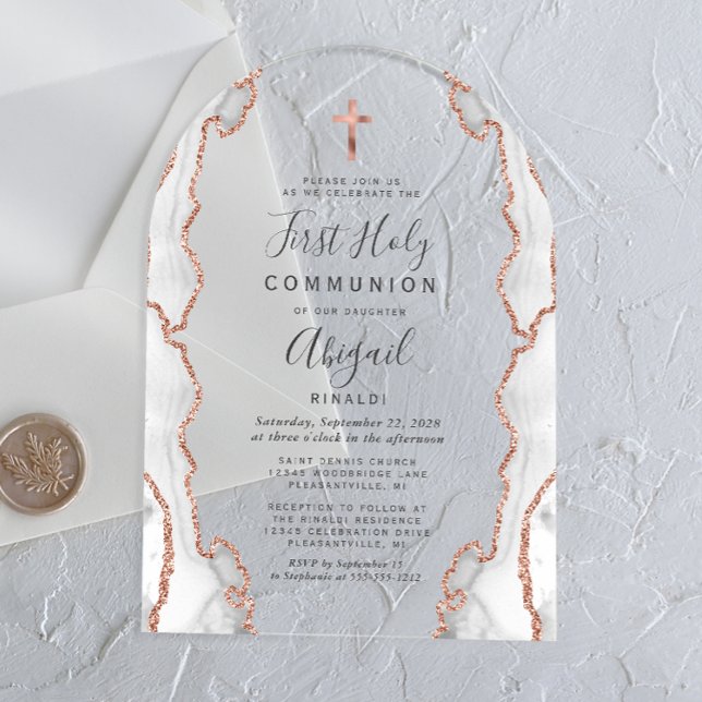 Invitations En Acrylique Rose Gold Gris Agate Arche Première Communion (Créateur téléchargé)