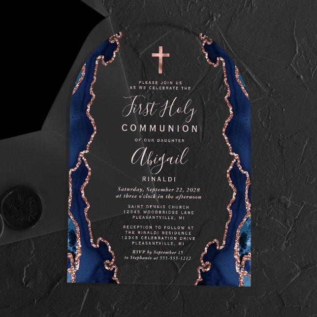 Invitations En Acrylique Rose Gold Navy Agate Arche Première Sainte Communi (Créateur téléchargé)