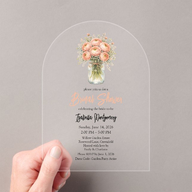 Invitations En Acrylique Rose Gold Ranunculus Mason Jar Bridal Shower (In situ (ordinateur de poche))