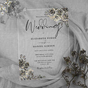 Invitations En Acrylique Rose gothique Floral Noir et Mariage or
