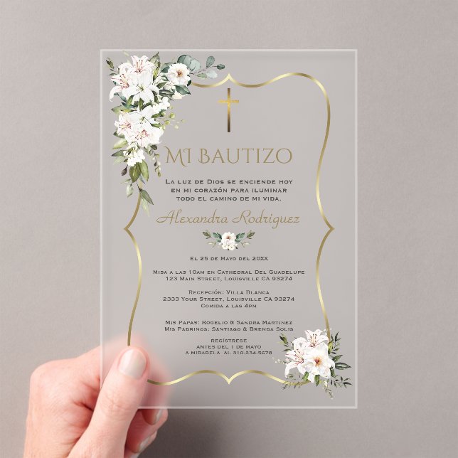 Invitations En Acrylique Rose Lily Blanche Bautizo Con Flores Or Baptême  (In situ (ordinateur de poche))