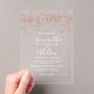 Invitations En Acrylique Rose or confetti typographie mariage clair
