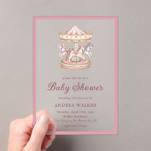 Invitations En Acrylique Rose Pâle Douce Fille Manège Baby Shower