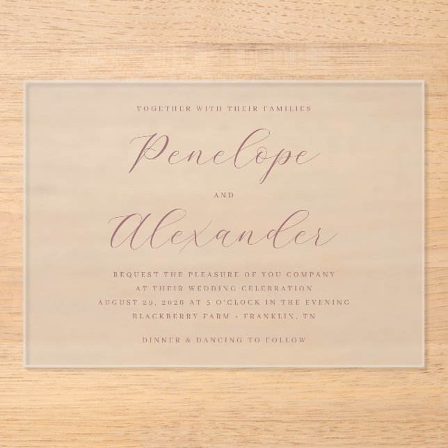 Invitations En Acrylique Rose Pâle Élégante Calligraphie (Recto)