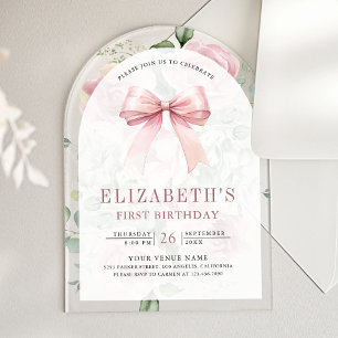 Invitations En Acrylique Rose Pâle Floral Coquette Nœud Papillon Premier An