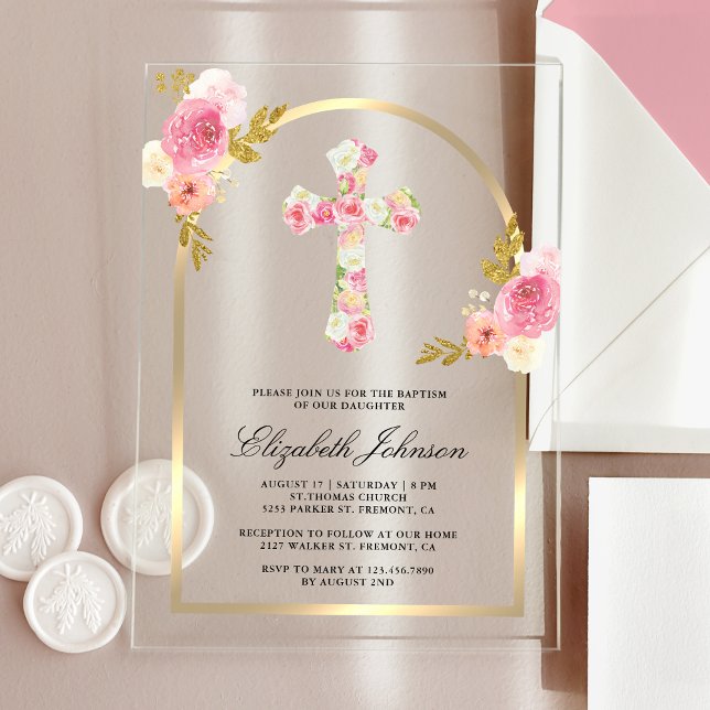 Invitations En Acrylique Rose Pâle Floral Doré Arche Baptême (Créateur téléchargé)