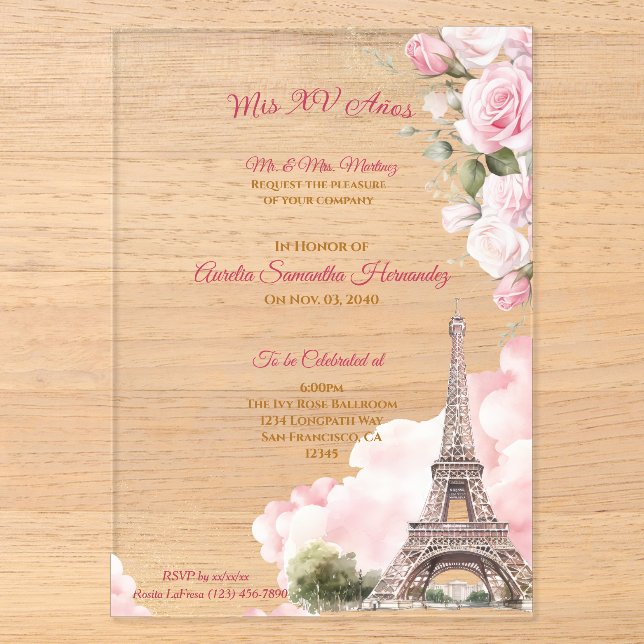 Invitations En Acrylique Rose Pâle Paris Quinceañera (Recto)