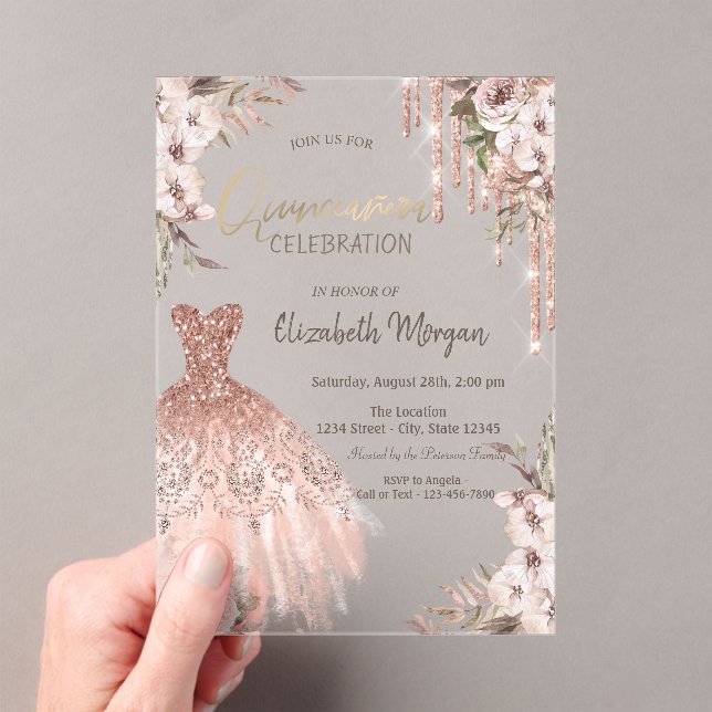 Invitations En Acrylique Rose Parties scintillant or Drives Fleurs de robe  (In situ (ordinateur de poche))