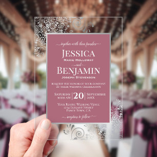 Invitations En Acrylique Rose Poussiéreux Élégant et Argent Texte Mariage É