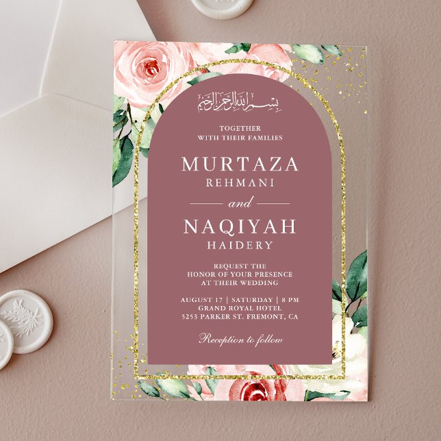Invitations En Acrylique Rose rose floral Dusty Arch Mariage musulman (Créateur téléchargé)