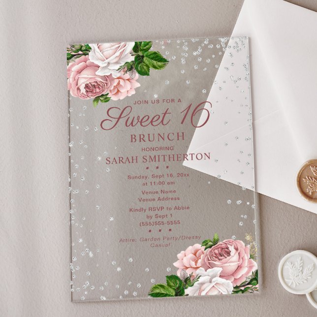Invitations En Acrylique Rose rose Floral Parties scintillant d'argent doux (Elegant blush pink vitnage floral Sweet 16 Brunch invitation)