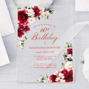 Invitations En Acrylique Rose rouge et pivoine rose pour 60e anniversaire F