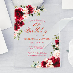Invitations En Acrylique Rose rouge et pivoine rose pour 70e anniversaire