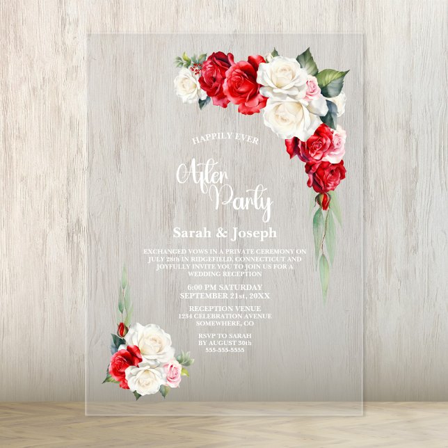 Invitations En Acrylique Rose rouge Floral Mariage après la fête (Créateur téléchargé)