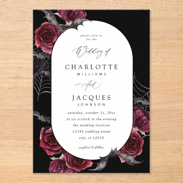 Invitations En Acrylique Rose rouge Halloween chauves-souris Mariage noir (Recto)