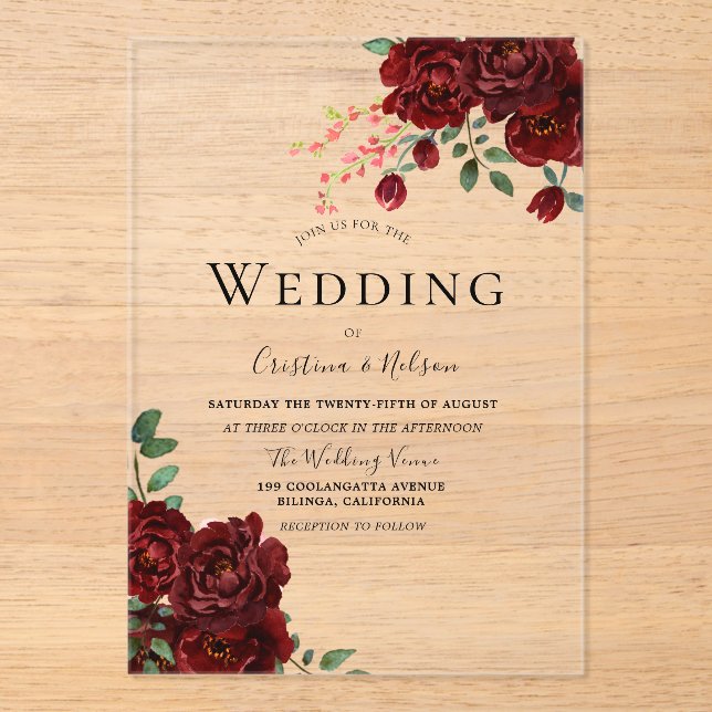 Invitations En Acrylique Rose rouge Mariage floral romantique (Recto)