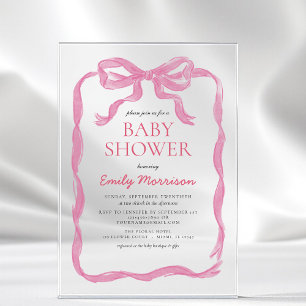 Invitations En Acrylique  rose vif Aquarelle Bow Girl Baby shower