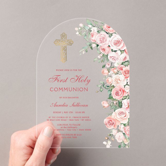 Invitations En Acrylique Roses à blush rose pour la Première Communion en a (In situ (ordinateur de poche))