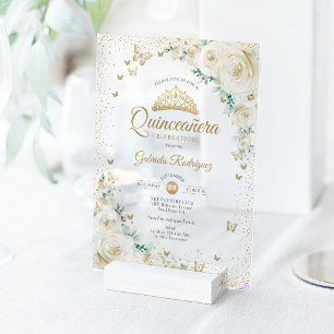 Invitations En Acrylique Roses aquarelles crème or floral Quinceanera