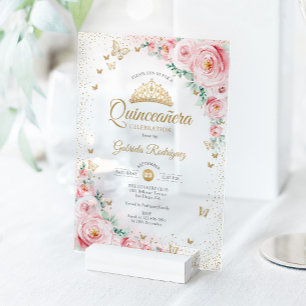 Invitations En Acrylique Roses Aquarelles Roses Fuschées Floral Quinceanera